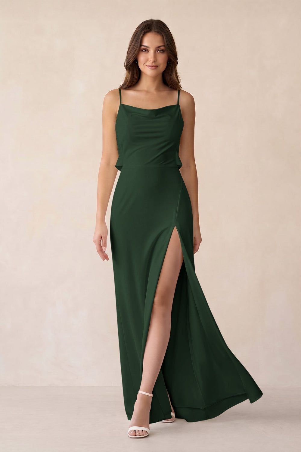 Sheath Satin Bridesmaid Dress with Side Slit in Moss