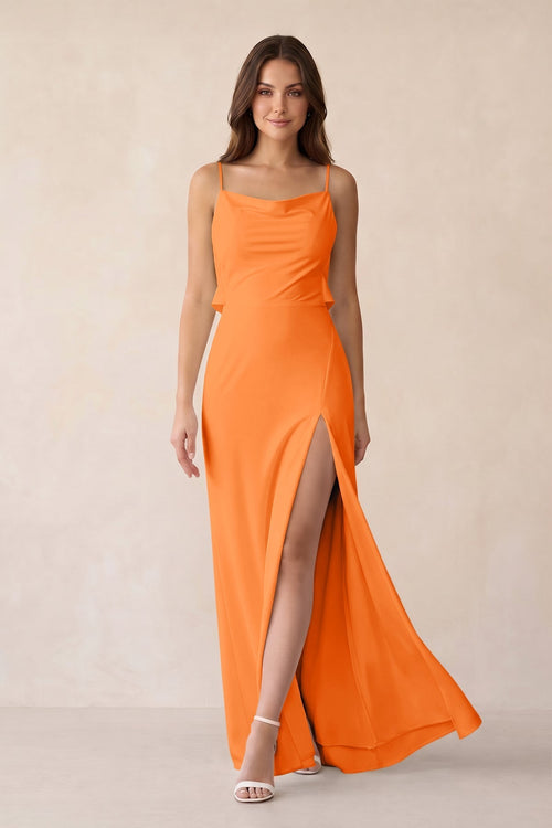 Sheath Satin Bridesmaid Dress with Side Slit in Orange - KISS BRIDAL Bridesmaid Dresses