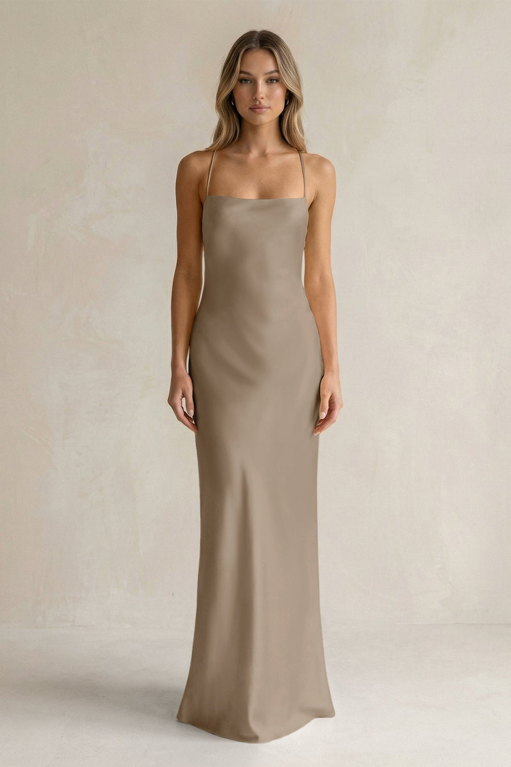 Sheath Satin Spaghetti Strap Bridesmaid Dress in Almond