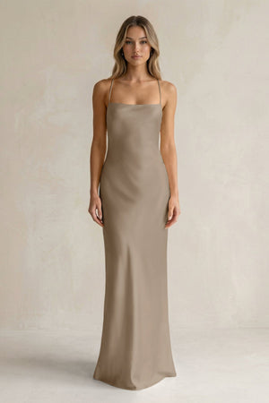 Sheath Satin Spaghetti Strap Bridesmaid Dress in Almond - KISS BRIDAL Bridesmaid Dresses
