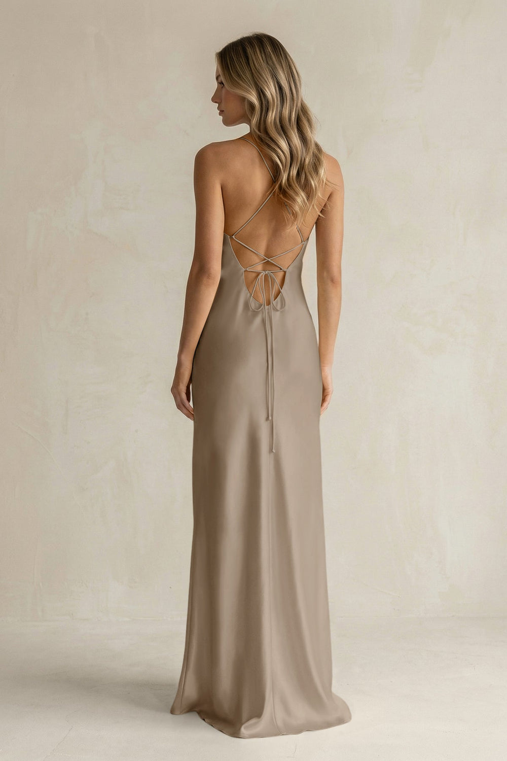 Sheath Satin Spaghetti Strap Bridesmaid Dress in Almond