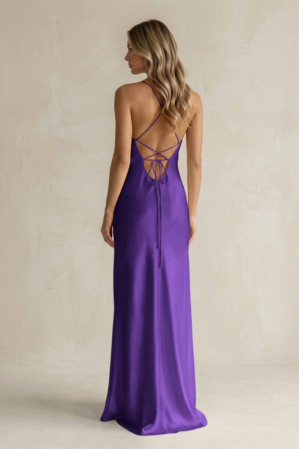 Sheath Satin Spaghetti Strap Bridesmaid Dress in Amethyst