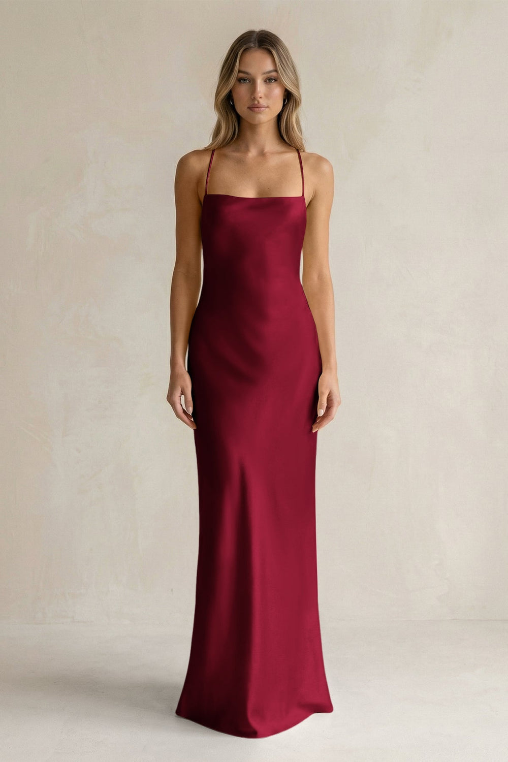 Sheath Satin Spaghetti Strap Bridesmaid Dress in Berry