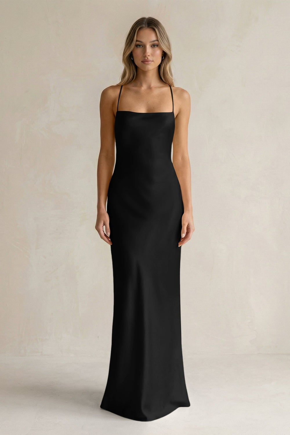 Sheath Satin Spaghetti Strap Bridesmaid Dress in Black