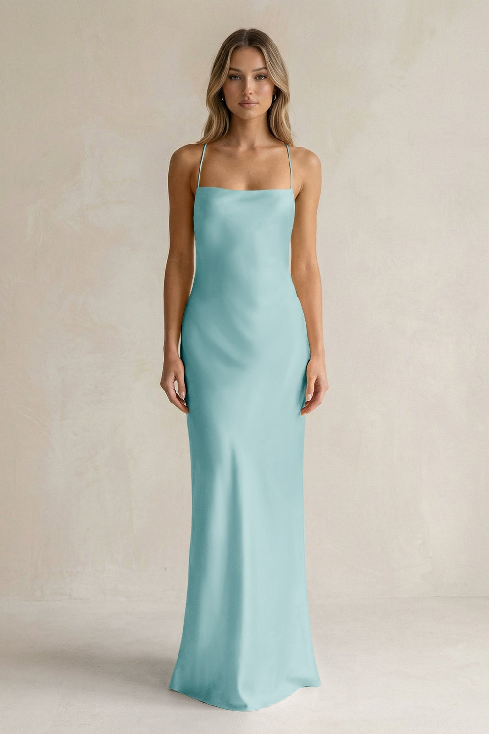 Sheath Satin Spaghetti Strap Bridesmaid Dress in Bleached Aqua