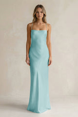 Sheath Satin Spaghetti Strap Bridesmaid Dress in Bleached Aqua - KISS BRIDAL Bridesmaid Dresses