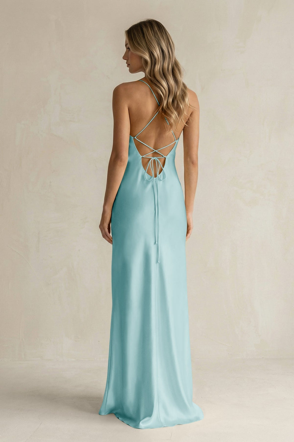 Sheath Satin Spaghetti Strap Bridesmaid Dress in Bleached Aqua