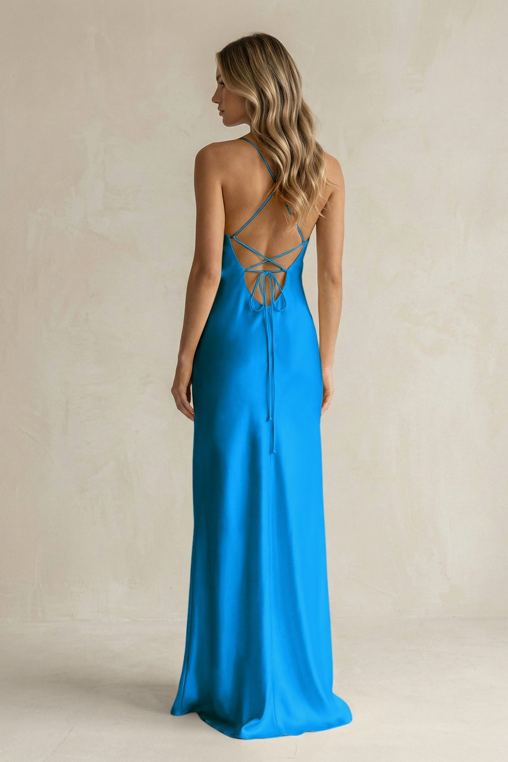 Sheath Satin Spaghetti Strap Bridesmaid Dress in Blue Jay