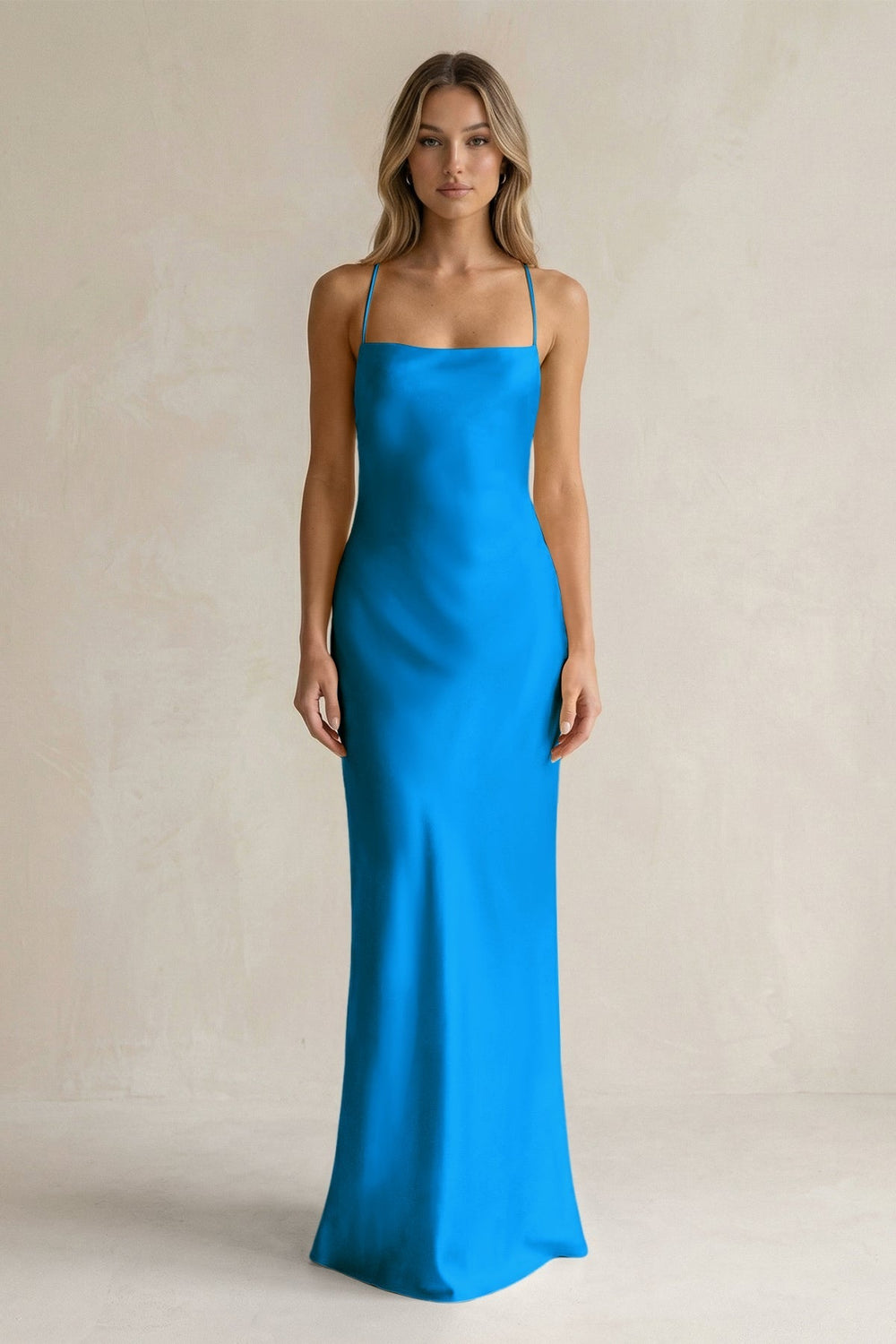 Sheath Satin Spaghetti Strap Bridesmaid Dress in Blue Jay