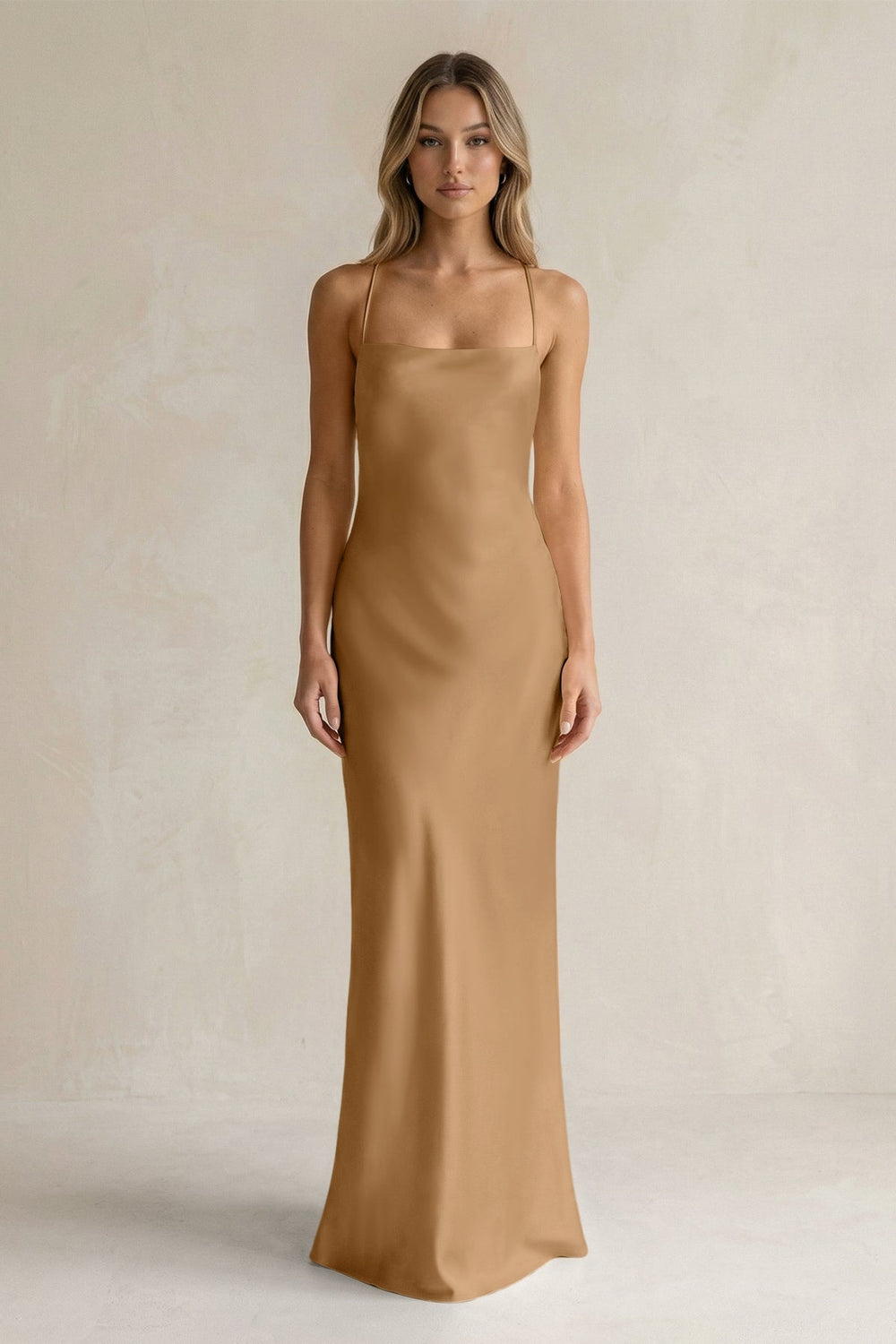 Sheath Satin Spaghetti Strap Bridesmaid Dress in Bronzer