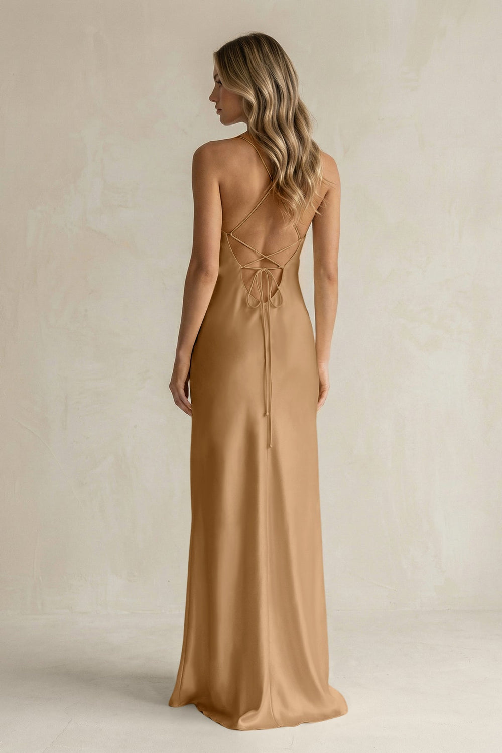 Sheath Satin Spaghetti Strap Bridesmaid Dress in Bronzer