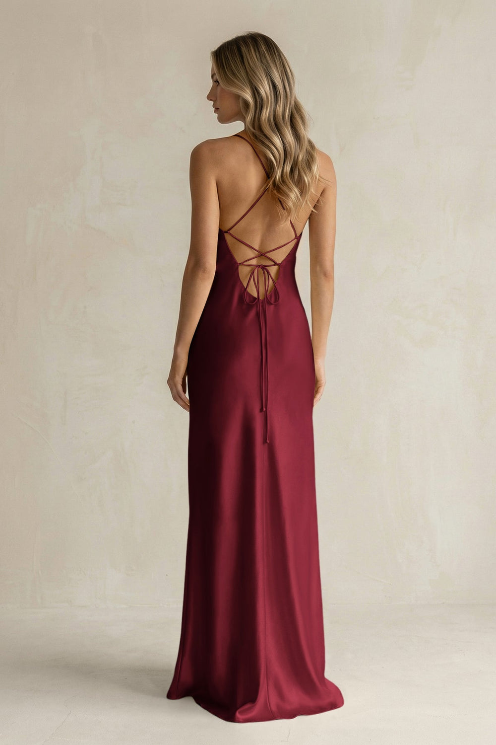 Sheath Satin Spaghetti Strap Bridesmaid Dress in Burgundy