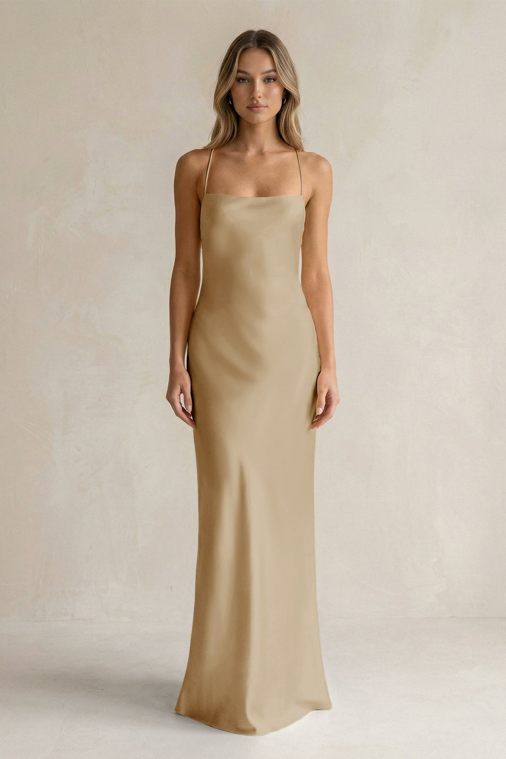 Sheath Satin Spaghetti Strap Bridesmaid Dress in Champagne