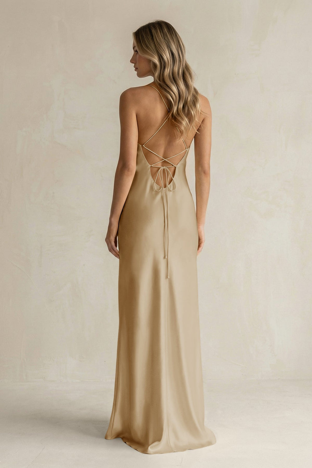 Sheath Satin Spaghetti Strap Bridesmaid Dress in Champagne