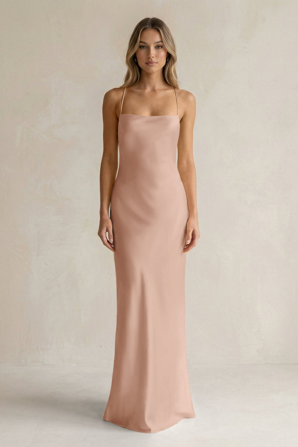Sheath Satin Spaghetti Strap Bridesmaid Dress in Champagne Rose