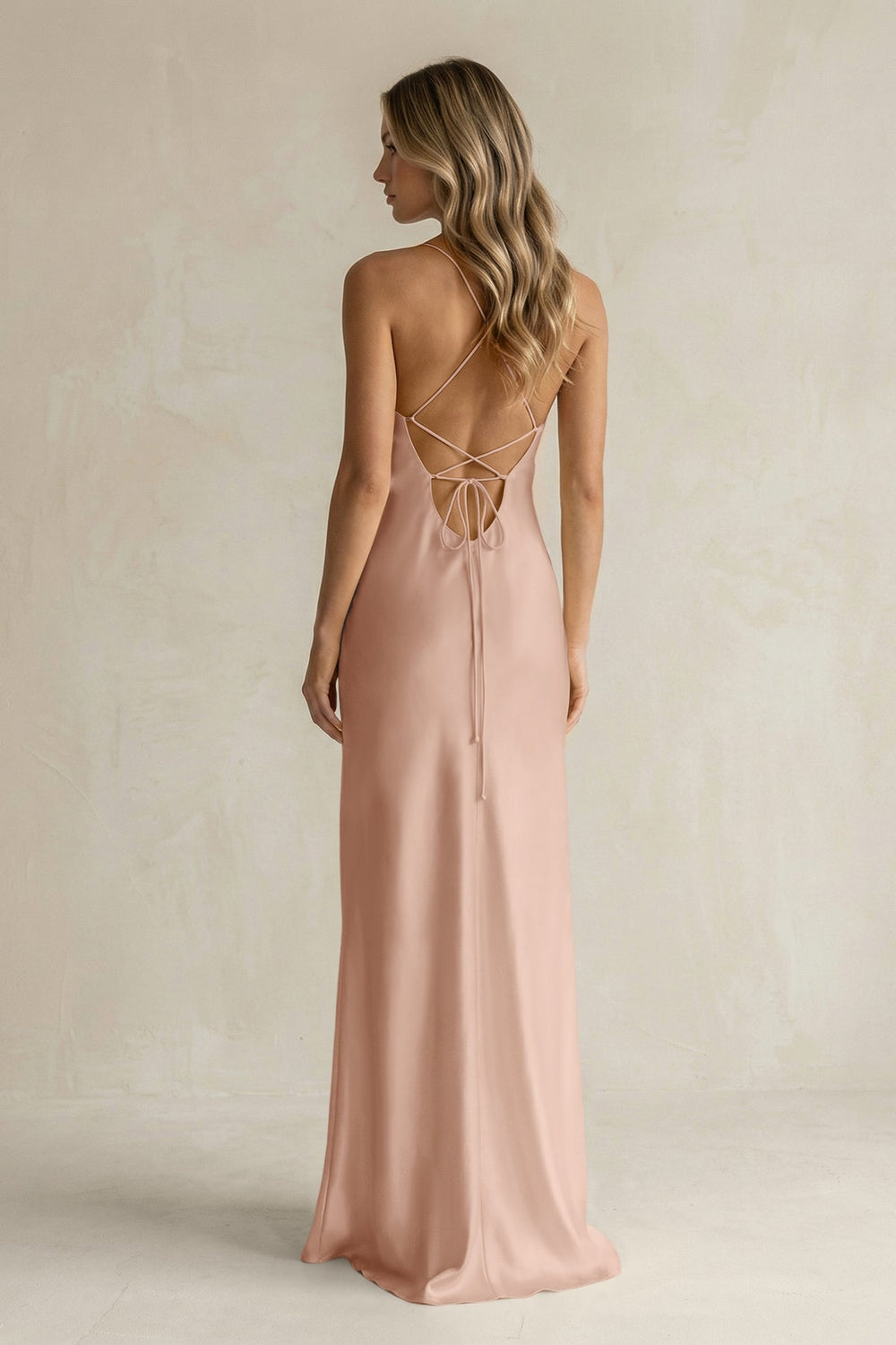 Sheath Satin Spaghetti Strap Bridesmaid Dress in Champagne Rose