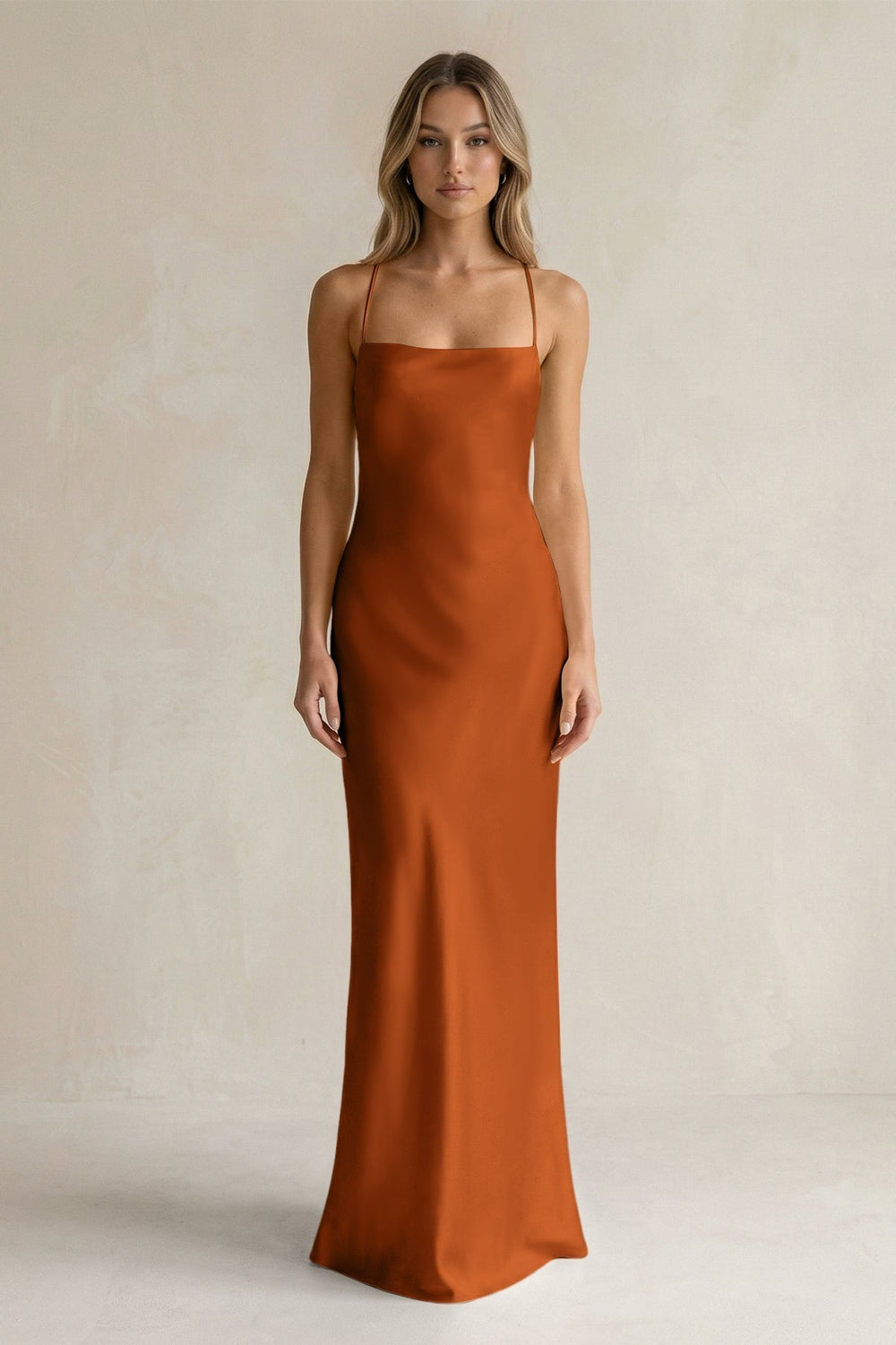 Sheath Satin Spaghetti Strap Bridesmaid Dress in Cinnamon