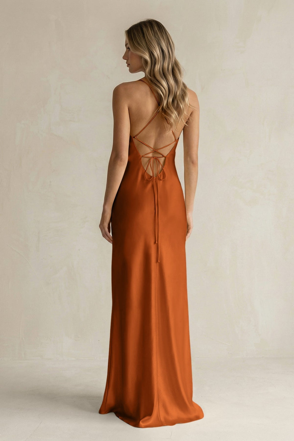 Sheath Satin Spaghetti Strap Bridesmaid Dress in Cinnamon