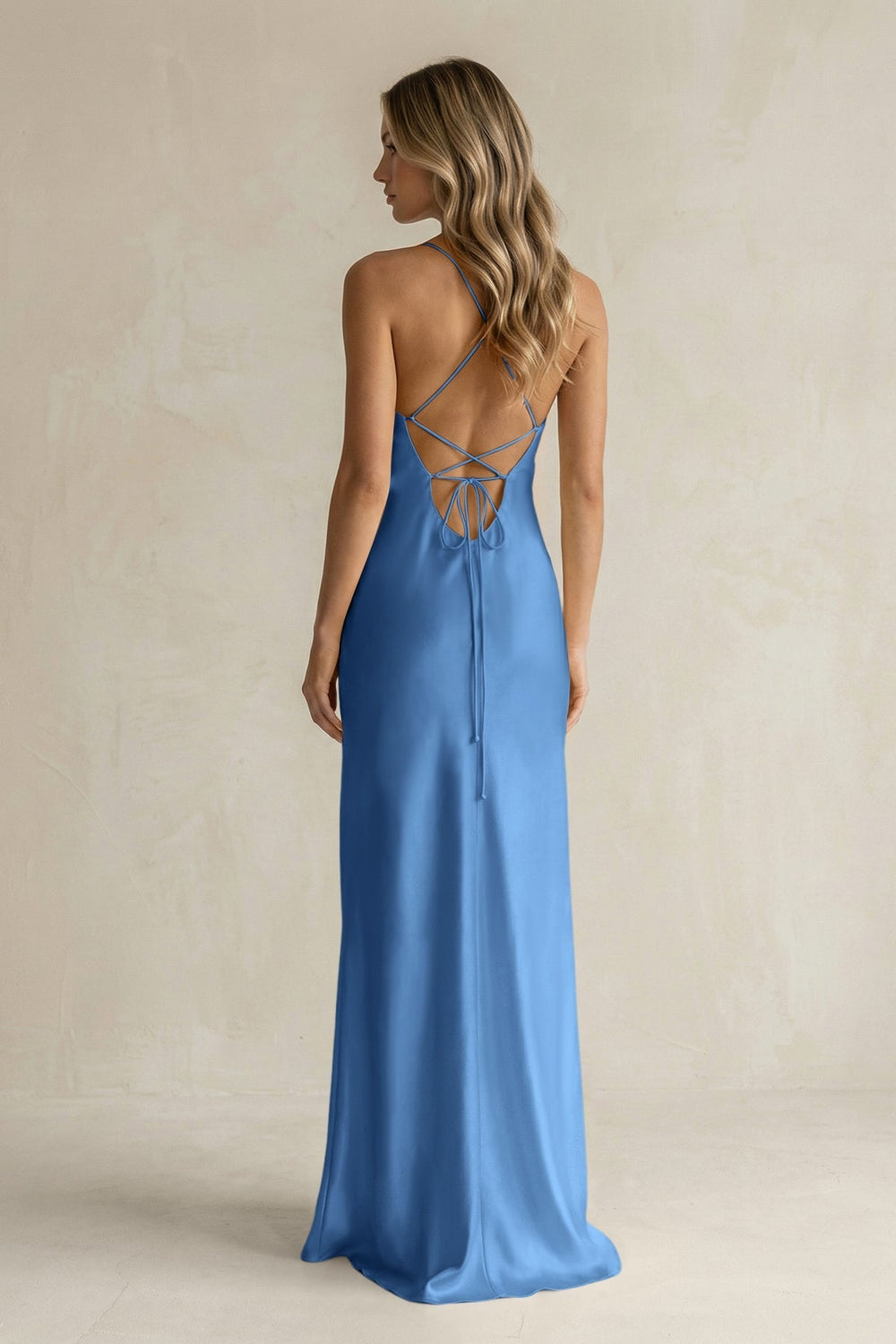 Sheath Satin Spaghetti Strap Bridesmaid Dress in Dusty Blue