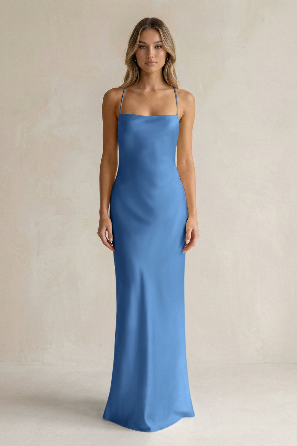 Sheath Satin Spaghetti Strap Bridesmaid Dress in Dusty Blue