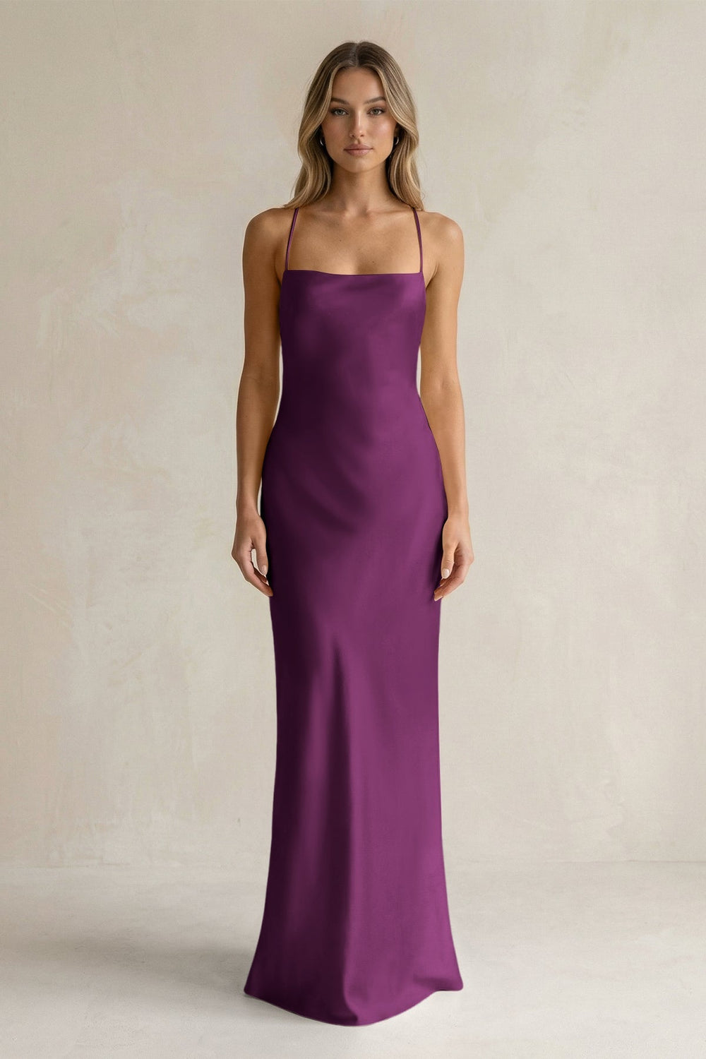Sheath Satin Spaghetti Strap Bridesmaid Dress in Fig