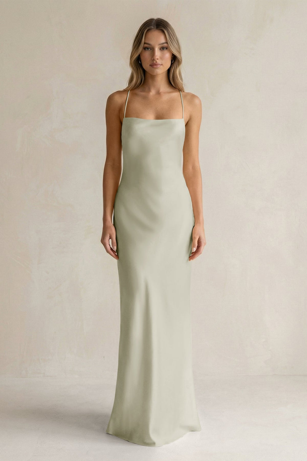 Sheath Satin Spaghetti Strap Bridesmaid Dress in Frost