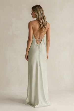 Sheath Satin Spaghetti Strap Bridesmaid Dress in Frost - KISS BRIDAL Bridesmaid Dresses