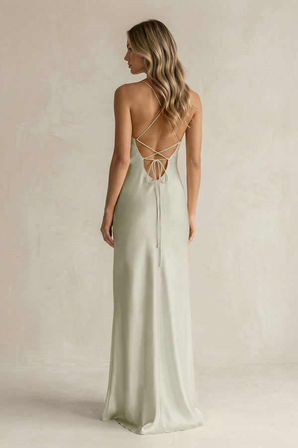 Sheath Satin Spaghetti Strap Bridesmaid Dress in Frost - KISS BRIDAL Bridesmaid Dresses