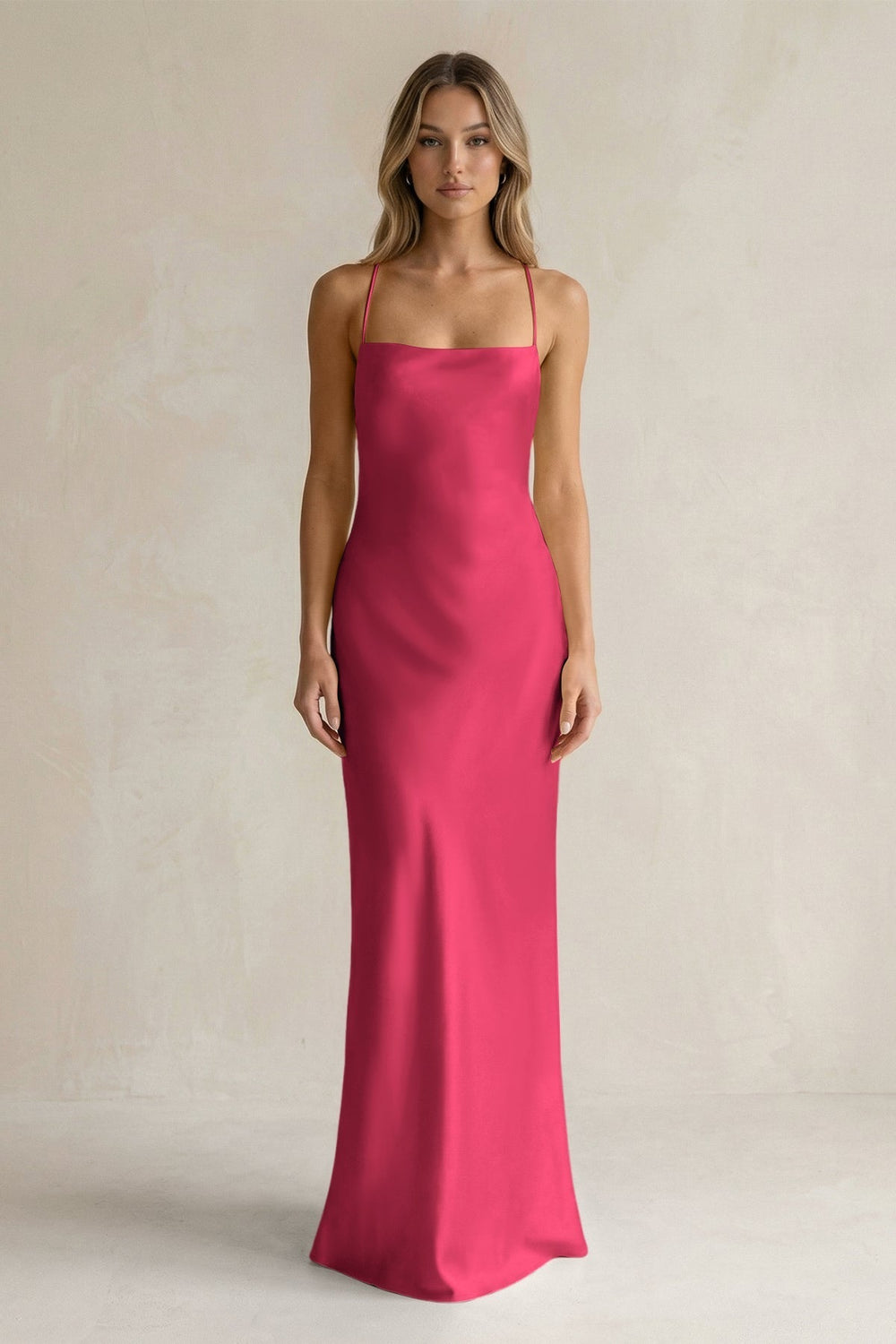 Sheath Satin Spaghetti Strap Bridesmaid Dress in Fuchsia