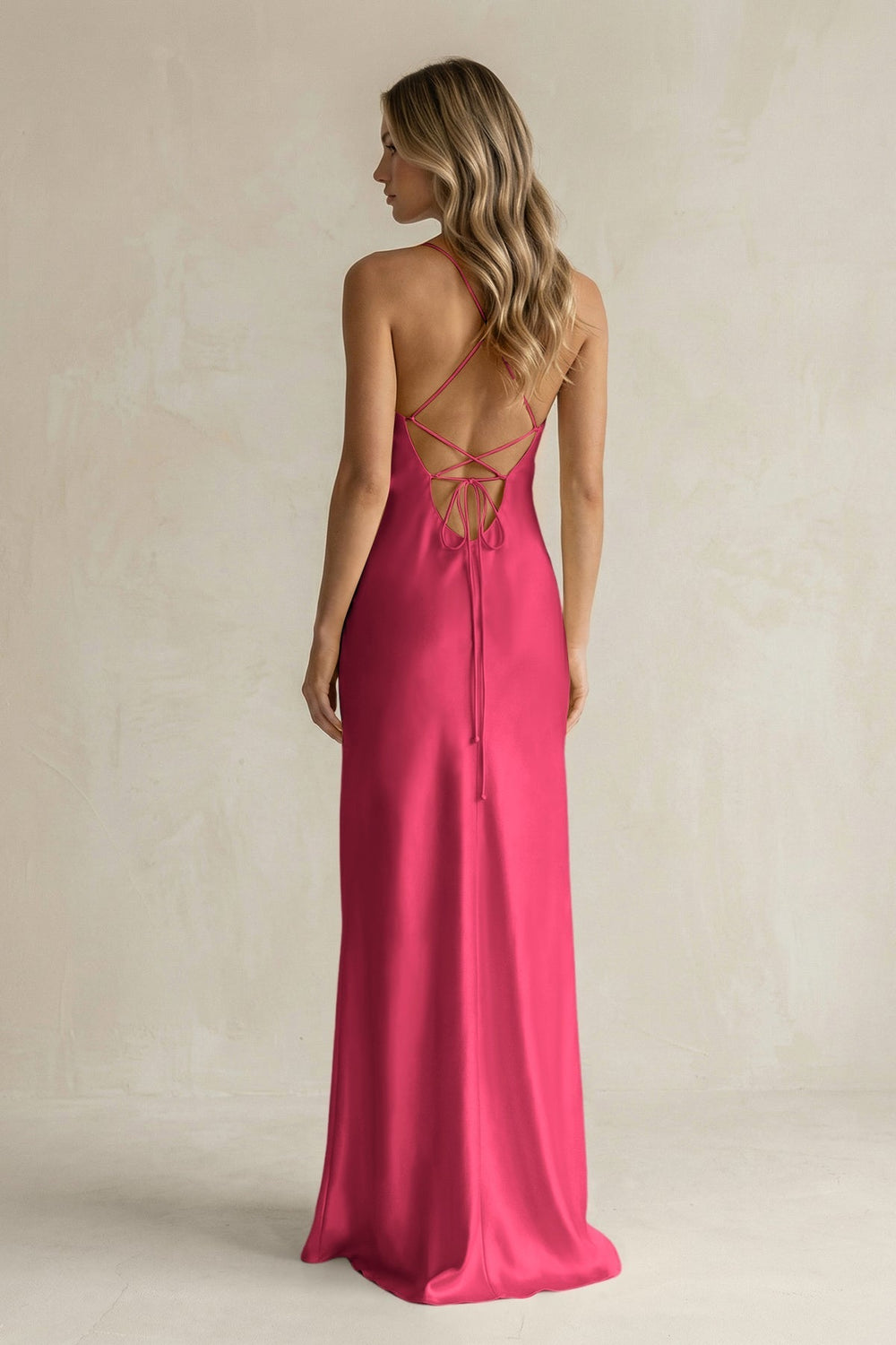 Sheath Satin Spaghetti Strap Bridesmaid Dress in Fuchsia