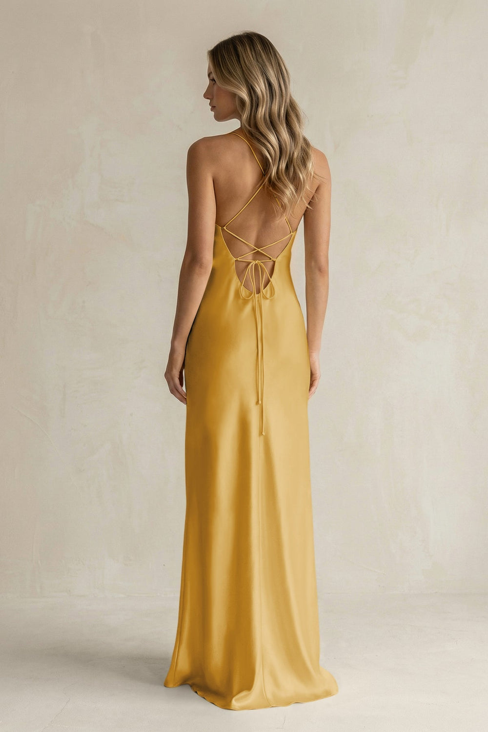 Sheath Satin Spaghetti Strap Bridesmaid Dress in Gold