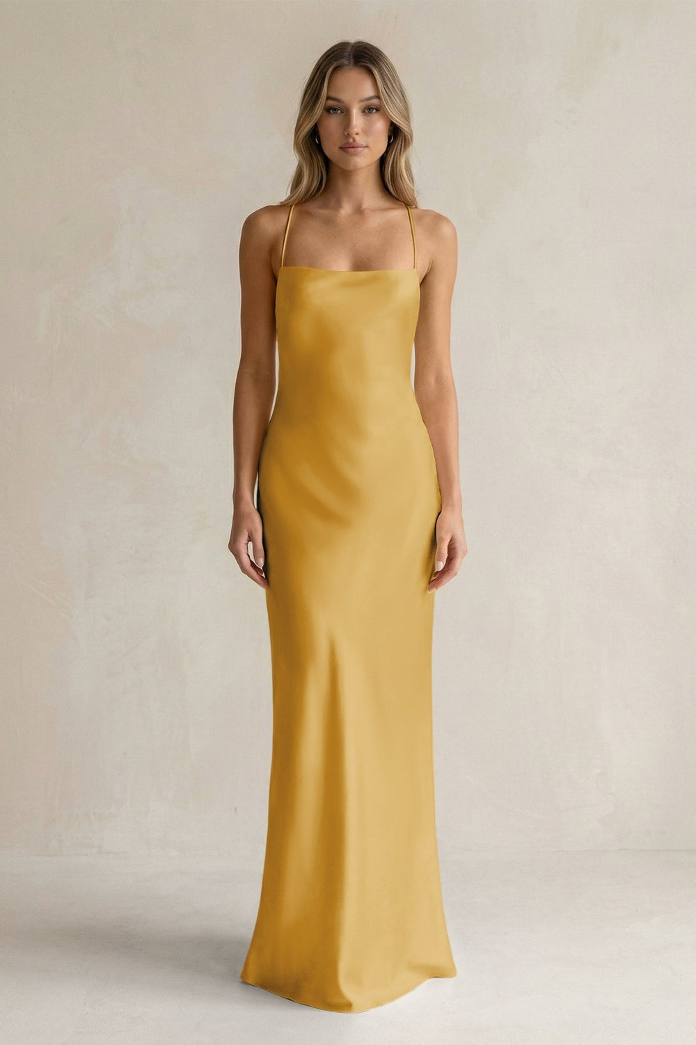 Sheath Satin Spaghetti Strap Bridesmaid Dress in Gold