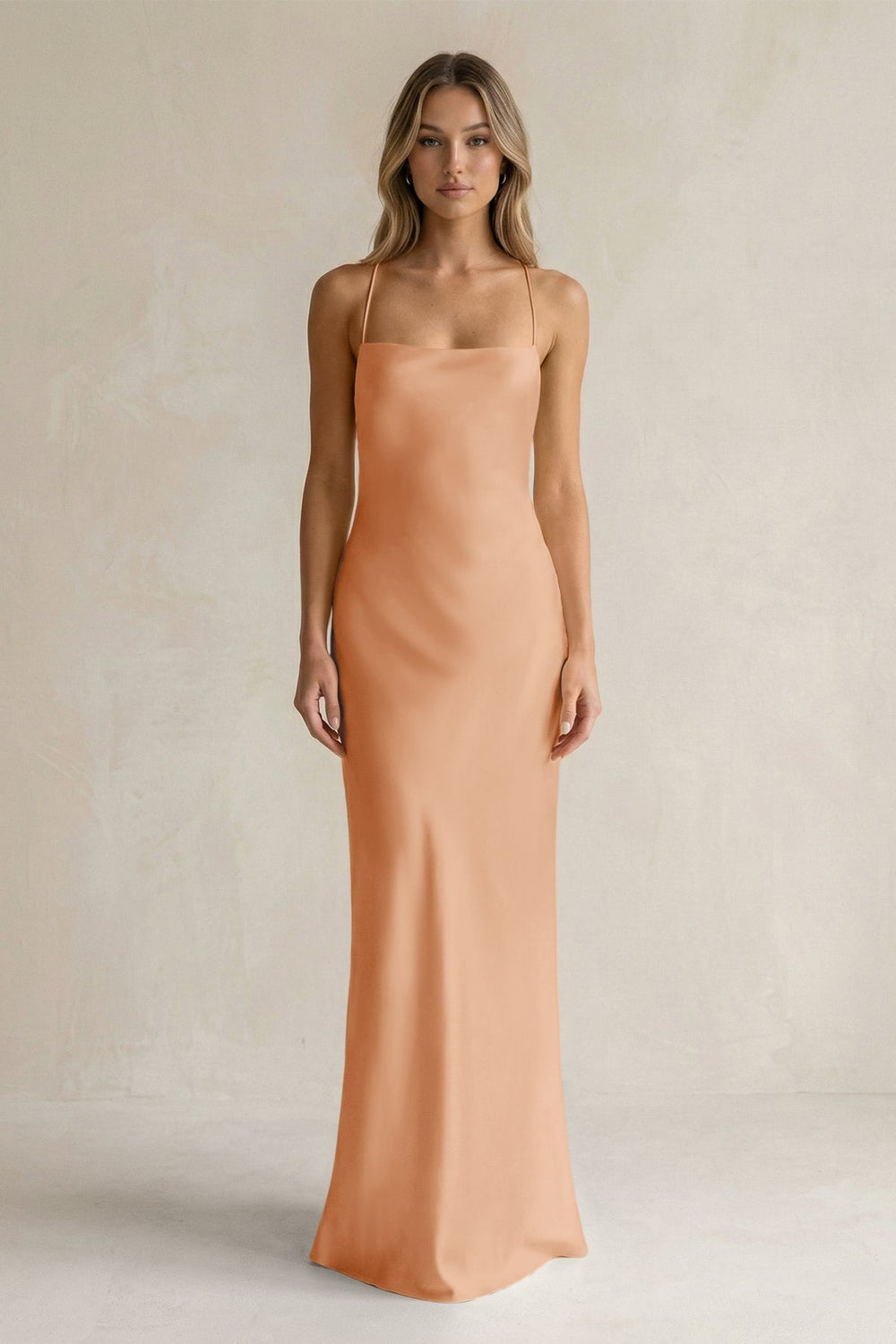 Sheath Satin Spaghetti Strap Bridesmaid Dress in Golden Champagne