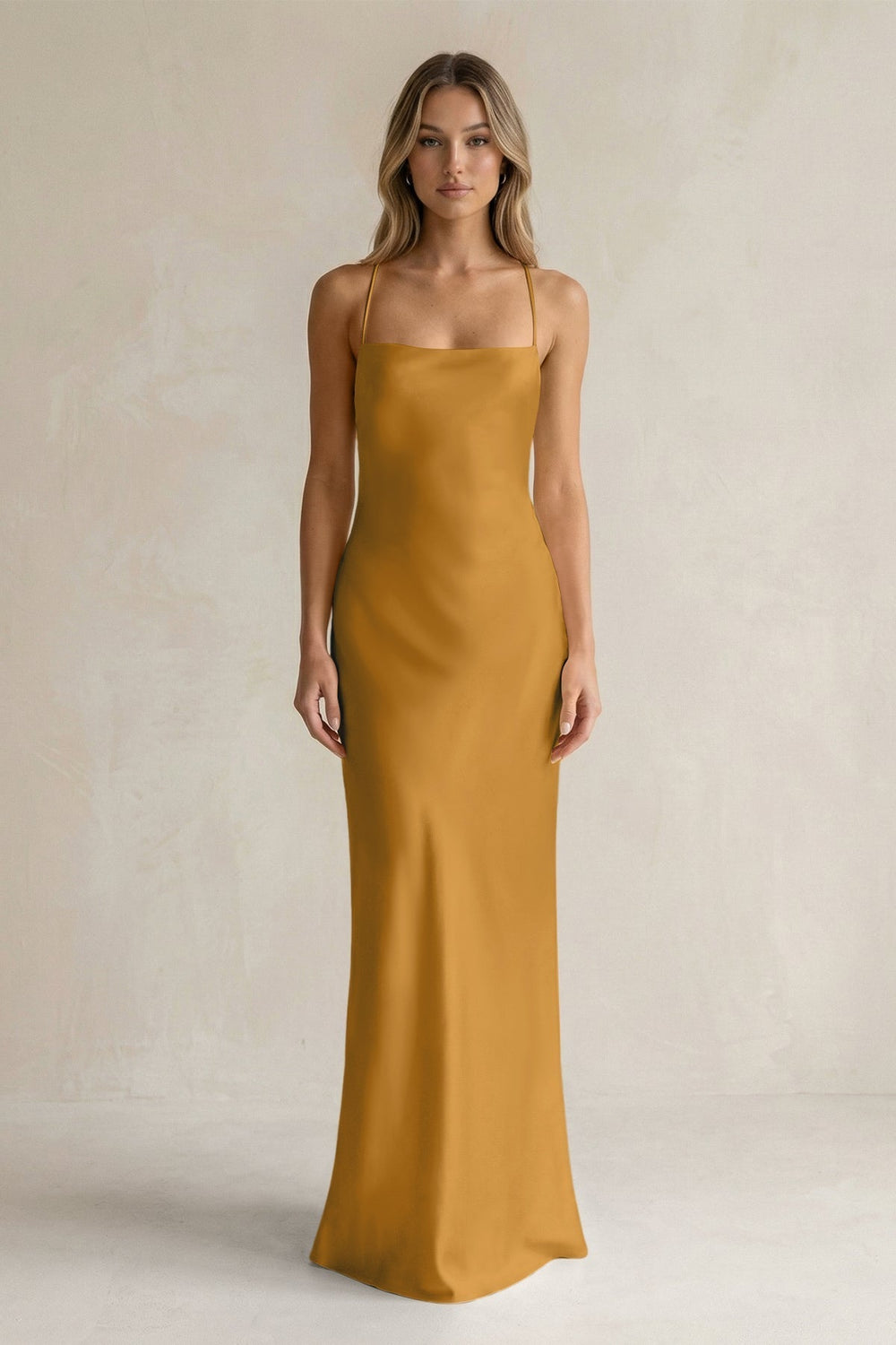 Sheath Satin Spaghetti Strap Bridesmaid Dress in Marigold
