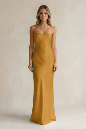 Sheath Satin Spaghetti Strap Bridesmaid Dress in Marigold - KISS BRIDAL Bridesmaid Dresses
