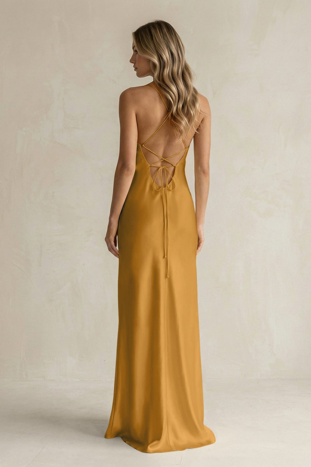 Sheath Satin Spaghetti Strap Bridesmaid Dress in Marigold