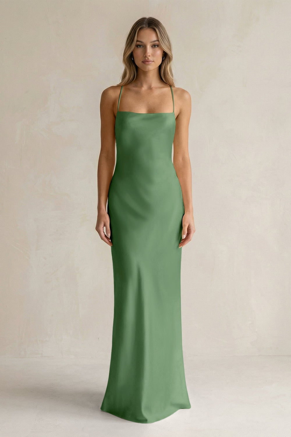 Sheath Satin Spaghetti Strap Bridesmaid Dress in Matcha