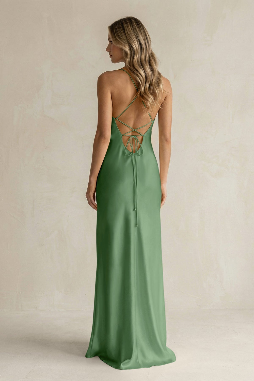 Sheath Satin Spaghetti Strap Bridesmaid Dress in Matcha