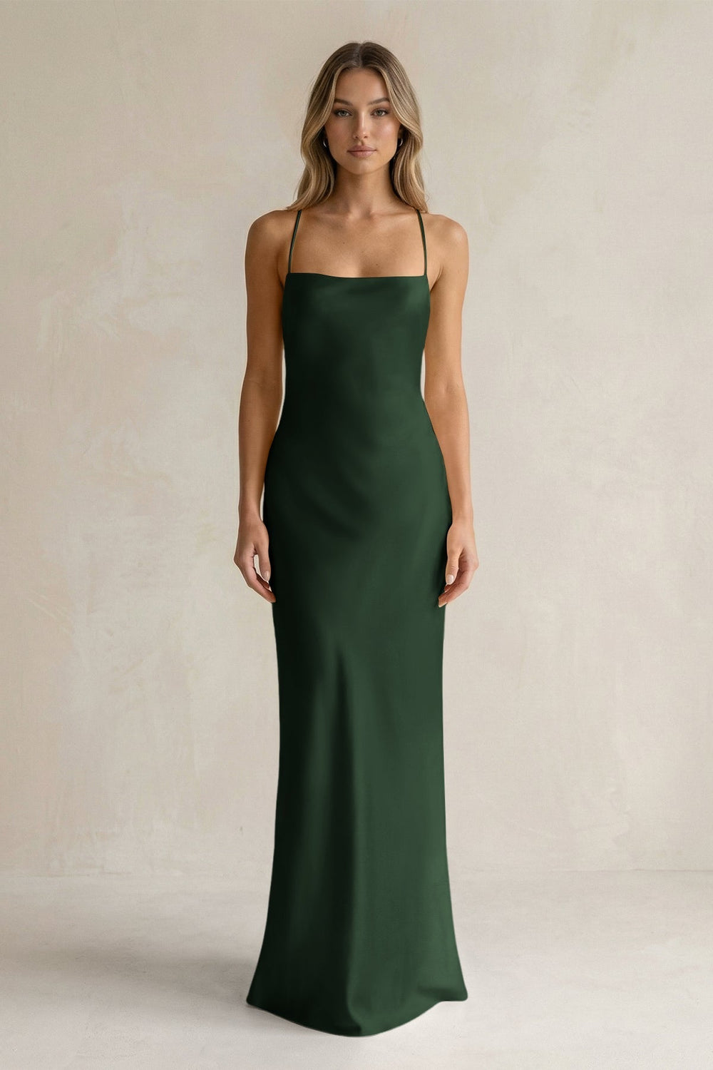 Sheath Satin Spaghetti Strap Bridesmaid Dress in Moss