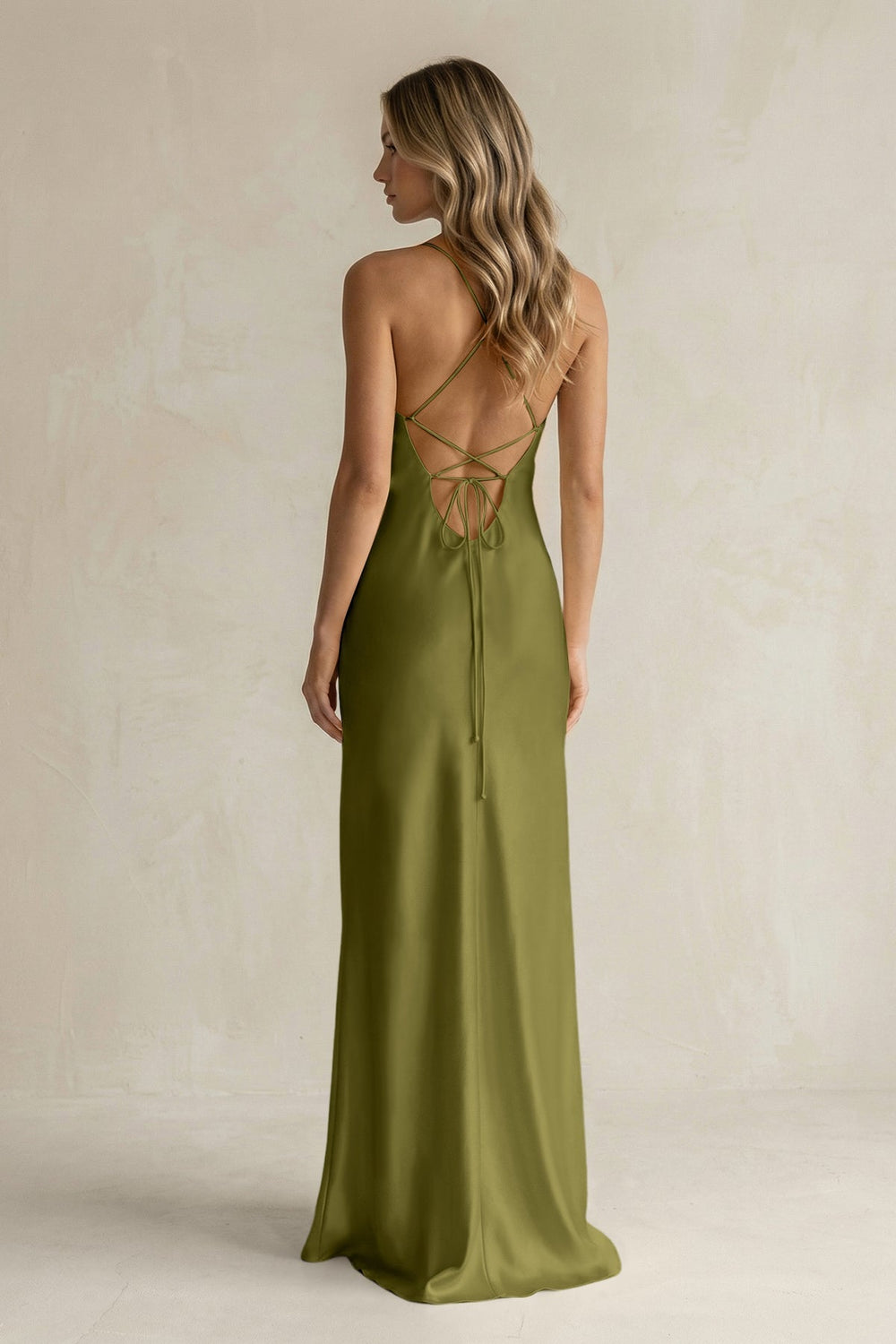 Sheath Satin Spaghetti Strap Bridesmaid Dress in Moss Green