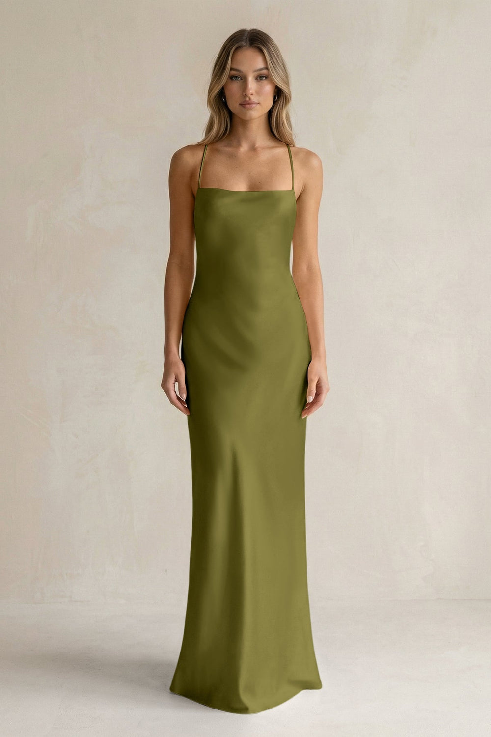 Sheath Satin Spaghetti Strap Bridesmaid Dress in Moss Green