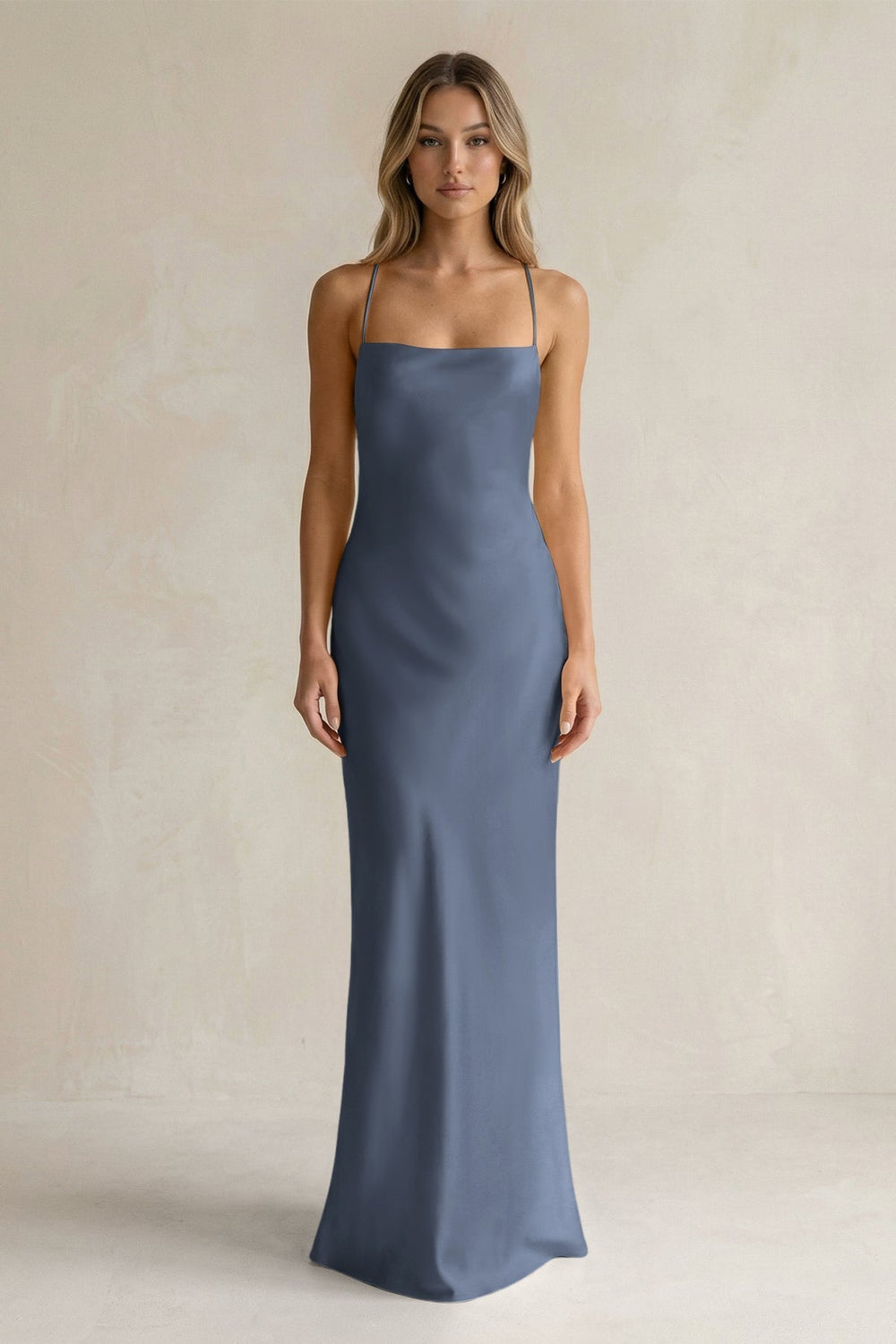 Sheath Satin Spaghetti Strap Bridesmaid Dress in Neptune