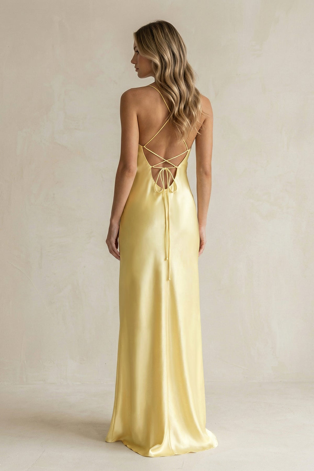 Sheath Satin Spaghetti Strap Bridesmaid Dress in Pastel Yellow