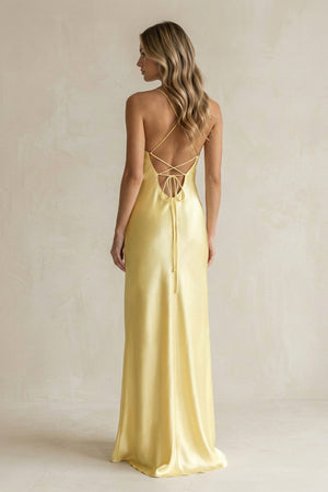Sheath Satin Spaghetti Strap Bridesmaid Dress in Pastel Yellow - KISS BRIDAL Bridesmaid Dresses