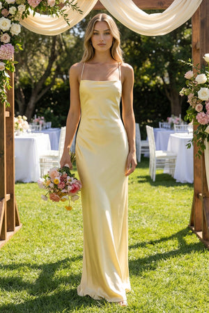 Sheath Satin Spaghetti Strap Bridesmaid Dress in Pastel Yellow - KISS BRIDAL Bridesmaid Dresses