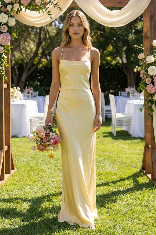 Sheath Satin Spaghetti Strap Bridesmaid Dress in Pastel Yellow - KISS BRIDAL Bridesmaid Dresses