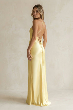Sheath Satin Spaghetti Strap Bridesmaid Dress in Pastel Yellow - KISS BRIDAL Bridesmaid Dresses