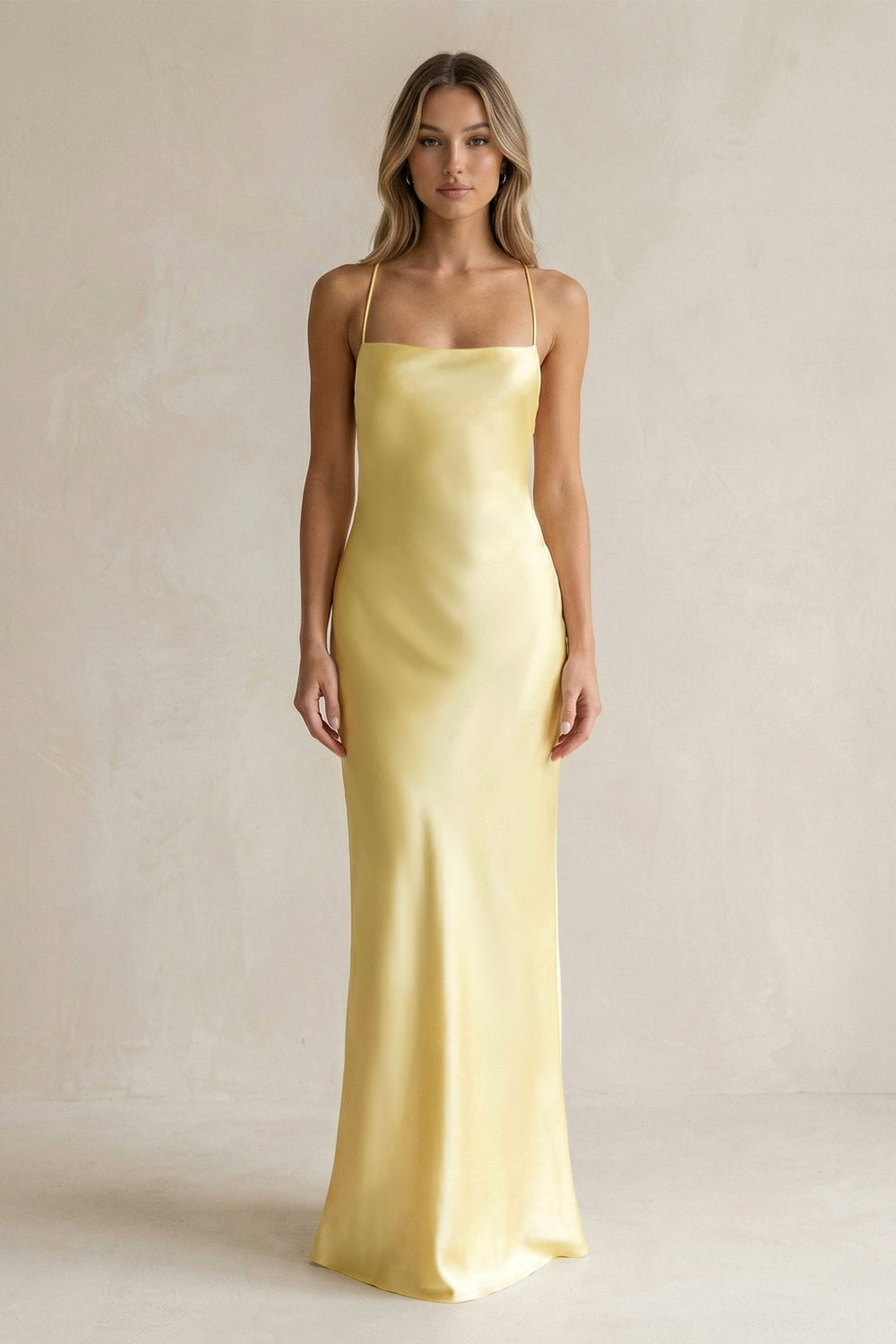 Sheath Satin Spaghetti Strap Bridesmaid Dress in Pastel Yellow