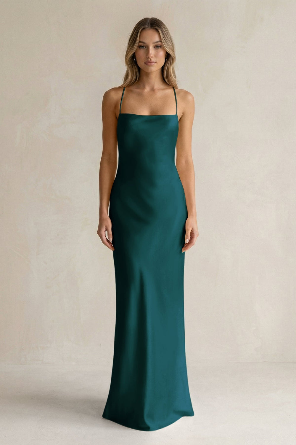 Sheath Satin Spaghetti Strap Bridesmaid Dress in Pine