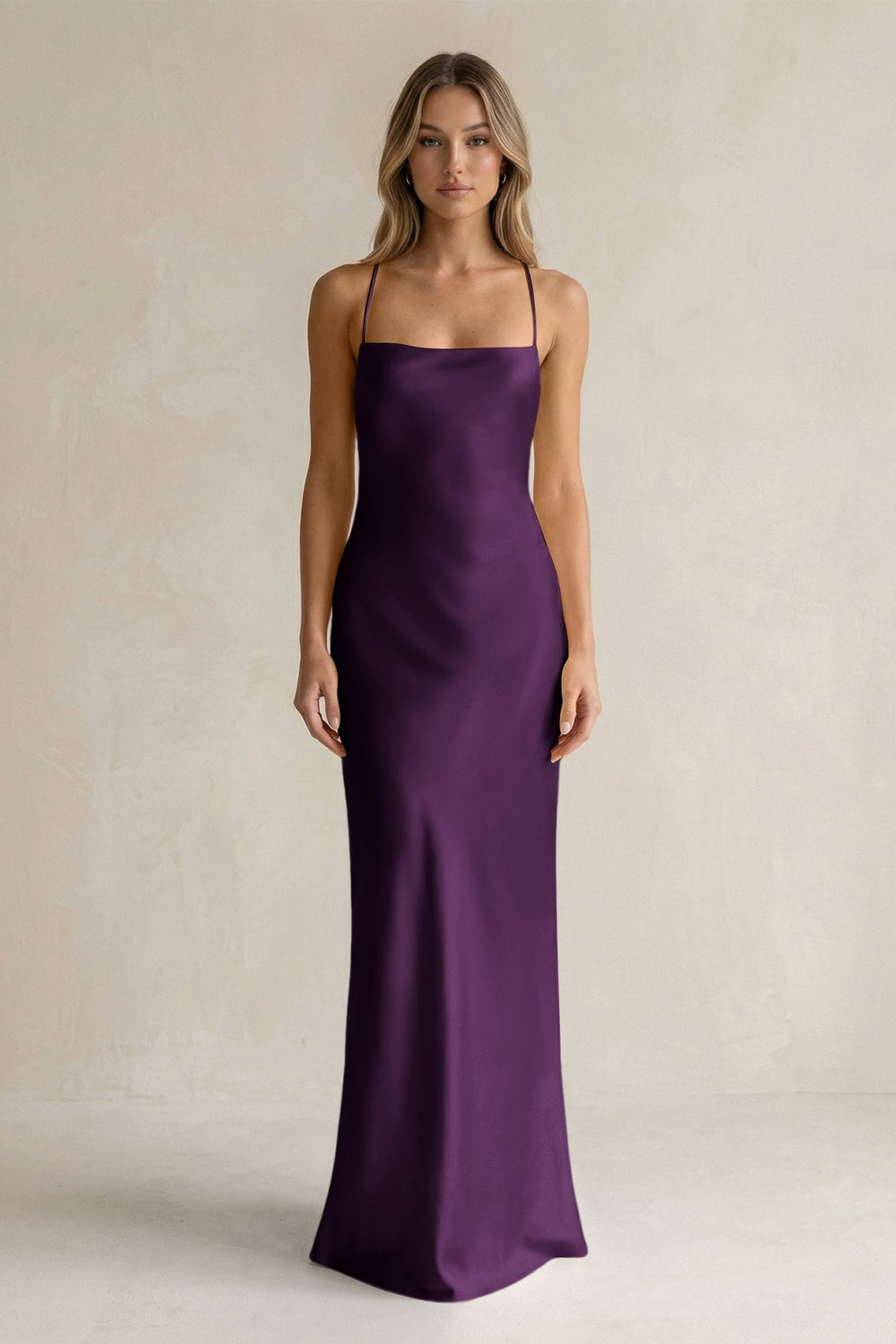 Sheath Satin Spaghetti Strap Bridesmaid Dress in Plum